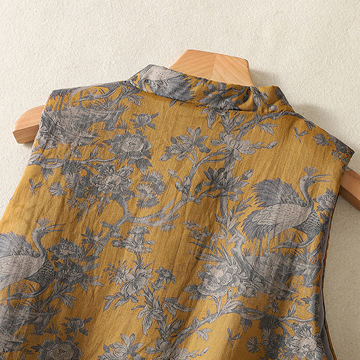 Buddha Stones Gilet sans manches en coton pour femme, motif branches de grues et boutons grenouille - image 5