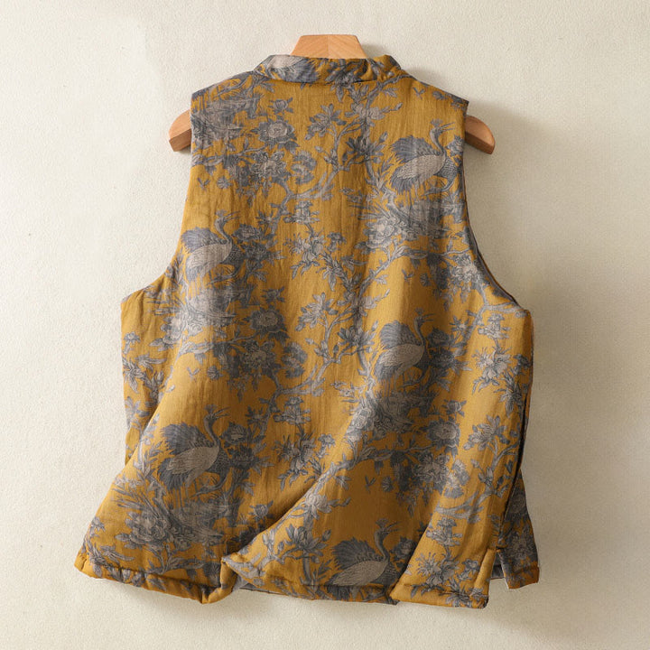 Buddha Stones Gilet sans manches en coton pour femme, motif branches de grues et boutons grenouille - image 1