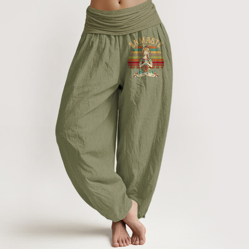 Buddha Stones Pantalon harem en pur coton à rayures colorées et motif lotus de méditation Namaste pour femme - Vert olive - US16，UK/AU20，EU48 (3XL) - image 14