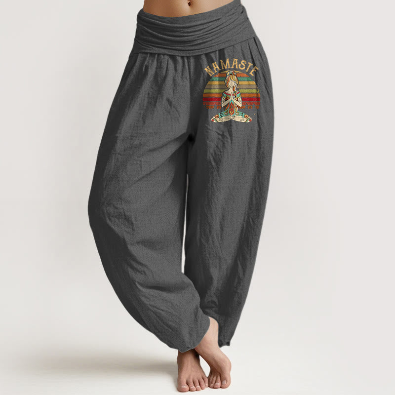 Buddha Stones Pantalon harem en pur coton à rayures colorées et motif lotus de méditation Namaste pour femme - Gris terne - US16，UK/AU20，EU48 (3XL) - image 8