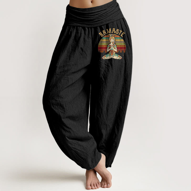 Buddha Stones Pantalon harem en pur coton à rayures colorées et motif lotus de méditation Namaste pour femme - Noir - US16，UK/AU20，EU48 (3XL) - image 0