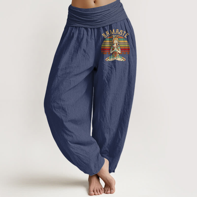 Buddha Stones Pantalon harem en pur coton à rayures colorées et motif lotus de méditation Namaste pour femme - Bleu ardoise foncé - US16，UK/AU20，EU48 (3XL) - image 5