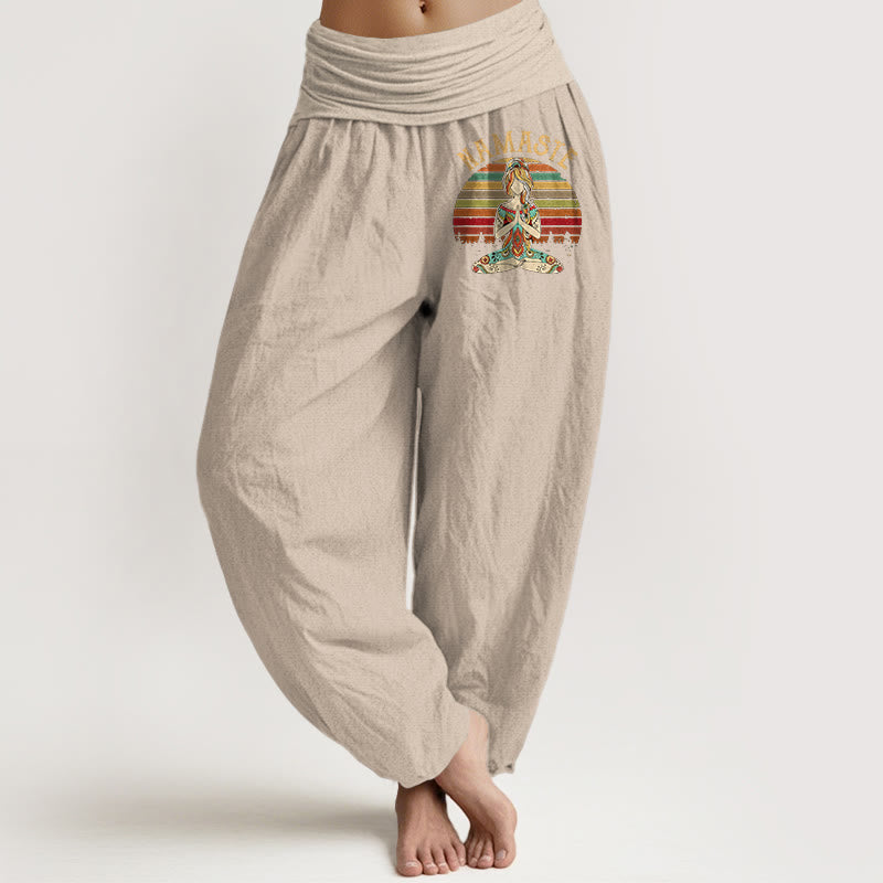 Buddha Stones Pantalon harem en pur coton à rayures colorées et motif lotus de méditation Namaste pour femme - Tanné - US16，UK/AU20，EU48 (3XL) - image 11