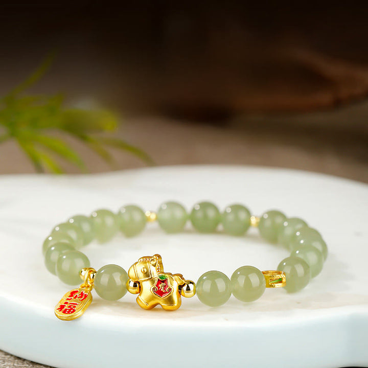 Buddha Stones Bracelet d'abondance en jade Hetian, année du Cheval - Jade Hetian (Tour de poignet : 17 cm) - 10 mm - image 0