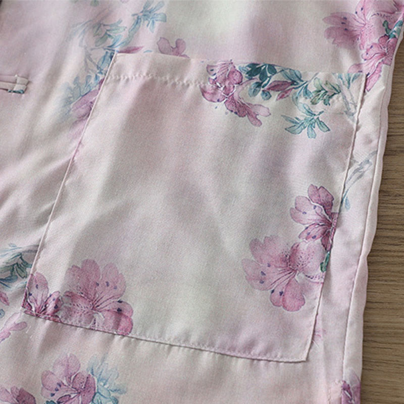 Buddha Stones Chemise en coton à manches longues pour femme, imprimé floral violet et feuilles vertes automnales, col montant à boutons brandebourg - image 6