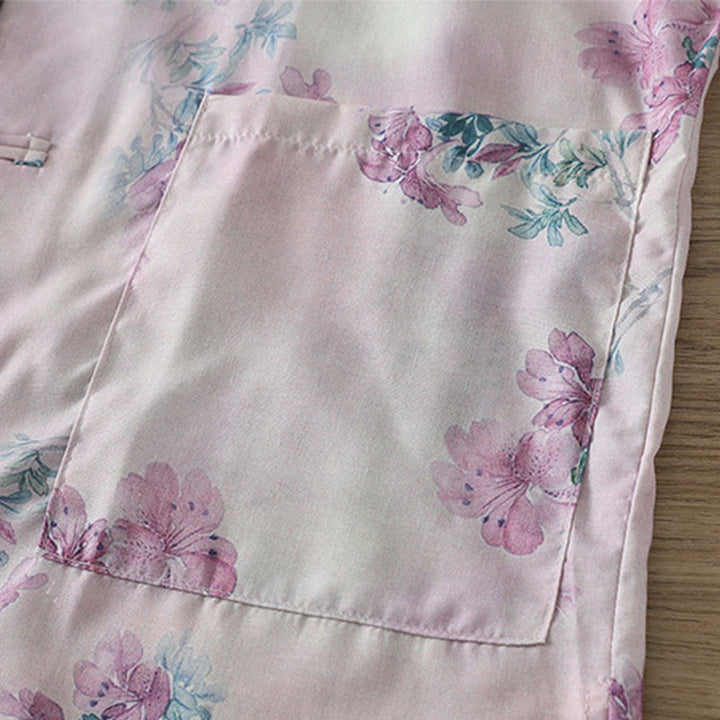 Buddha Stones Chemise en coton à manches longues pour femme, imprimé floral violet et feuilles vertes automnales, col montant à boutons brandebourg - image 6