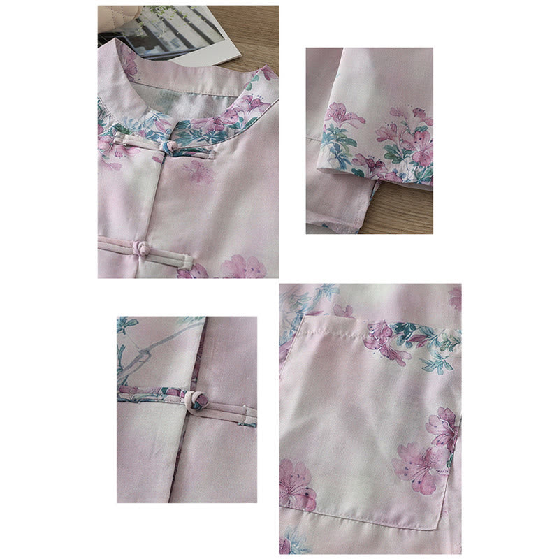 Buddha Stones Chemise en coton à manches longues pour femme, imprimé floral violet et feuilles vertes automnales, col montant à boutons brandebourg - image 2