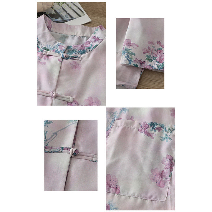 Buddha Stones Chemise en coton à manches longues pour femme, imprimé floral violet et feuilles vertes automnales, col montant à boutons brandebourg - image 2