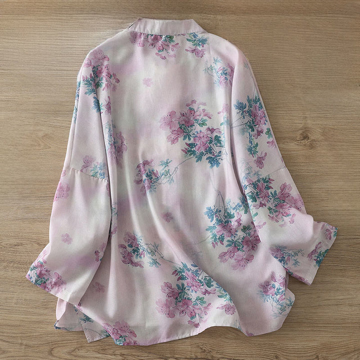 Buddha Stones Chemise en coton à manches longues pour femme, imprimé floral violet et feuilles vertes automnales, col montant à boutons brandebourg - image 1