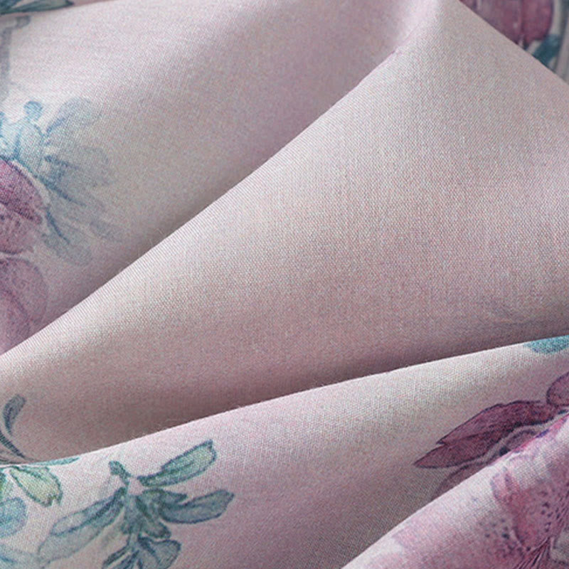 Buddha Stones Chemise en coton à manches longues pour femme, imprimé floral violet et feuilles vertes automnales, col montant à boutons brandebourg - image 11