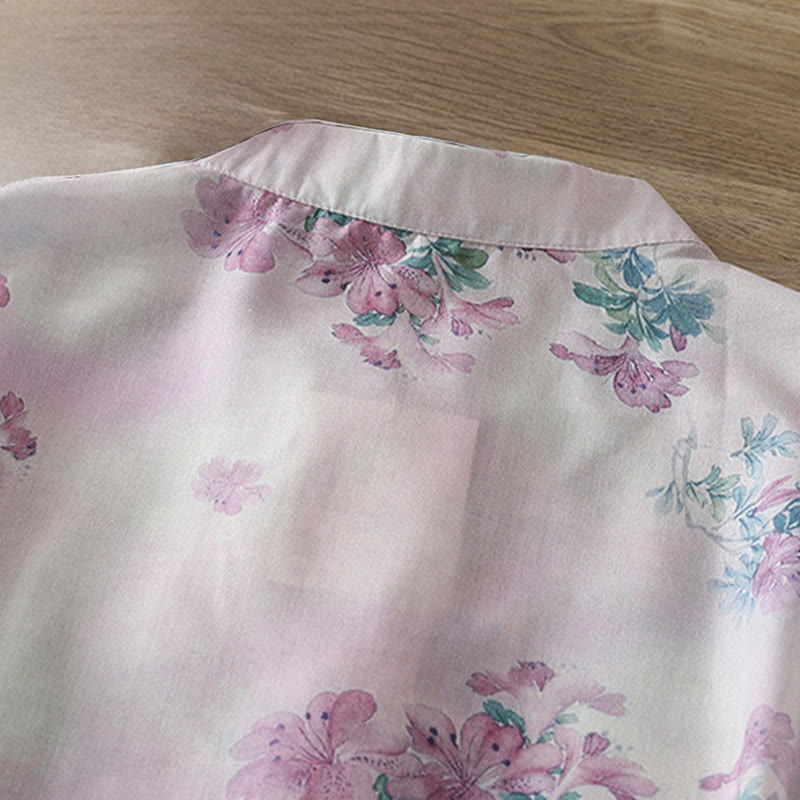 Buddha Stones Chemise en coton à manches longues pour femme, imprimé floral violet et feuilles vertes automnales, col montant à boutons brandebourg - image 4