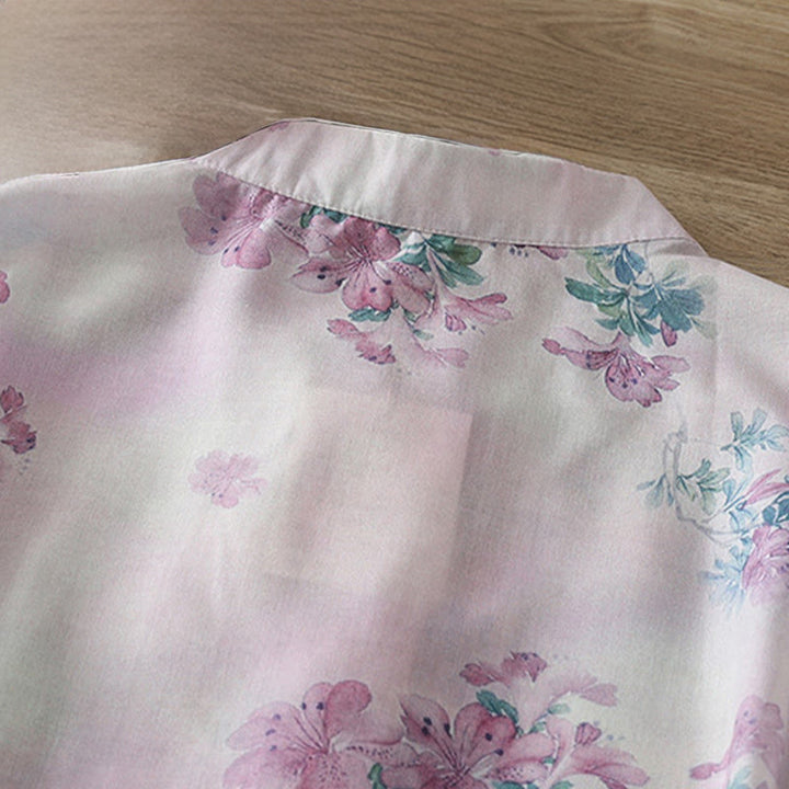 Buddha Stones Chemise en coton à manches longues pour femme, imprimé floral violet et feuilles vertes automnales, col montant à boutons brandebourg - image 4