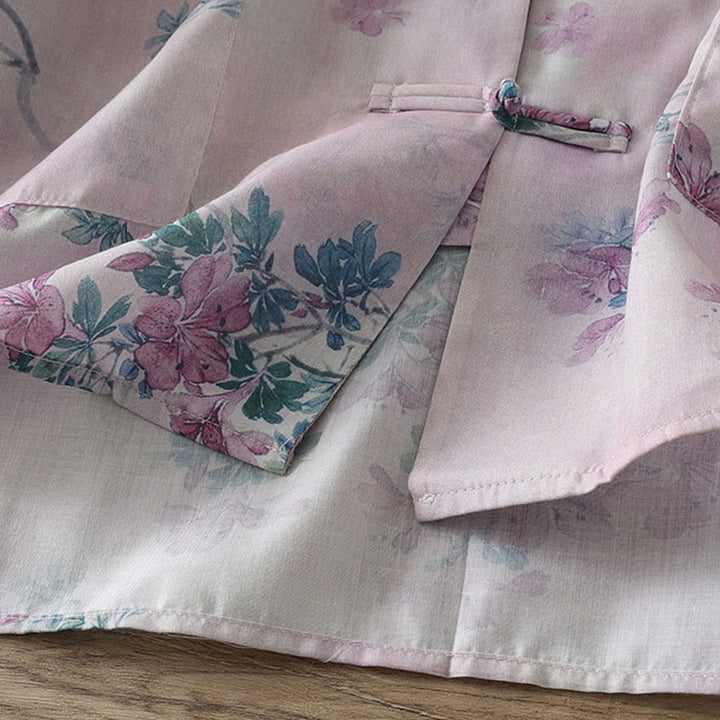 Buddha Stones Chemise en coton à manches longues pour femme, imprimé floral violet et feuilles vertes automnales, col montant à boutons brandebourg - image 7