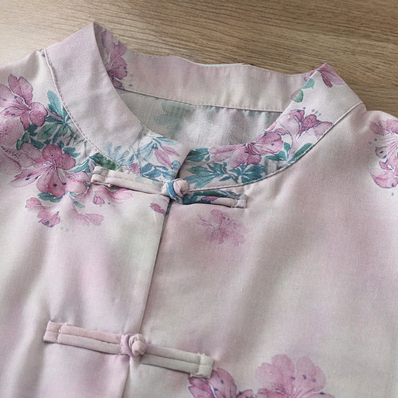 Buddha Stones Chemise en coton à manches longues pour femme, imprimé floral violet et feuilles vertes automnales, col montant à boutons brandebourg - image 3