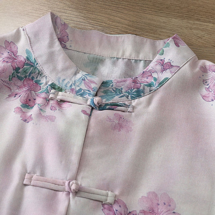 Buddha Stones Chemise en coton à manches longues pour femme, imprimé floral violet et feuilles vertes automnales, col montant à boutons brandebourg - image 3