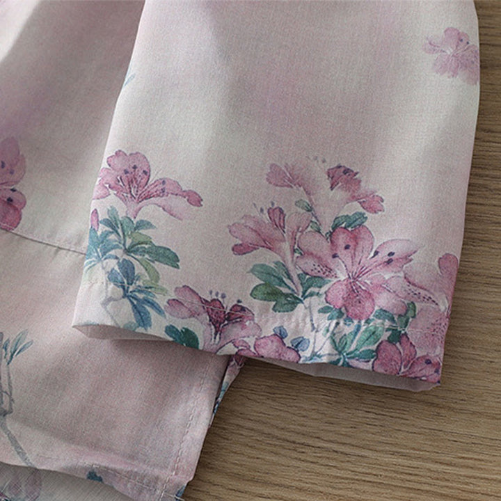 Buddha Stones Chemise en coton à manches longues pour femme, imprimé floral violet et feuilles vertes automnales, col montant à boutons brandebourg - image 9