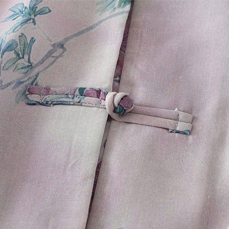 Buddha Stones Chemise en coton à manches longues pour femme, imprimé floral violet et feuilles vertes automnales, col montant à boutons brandebourg - image 5