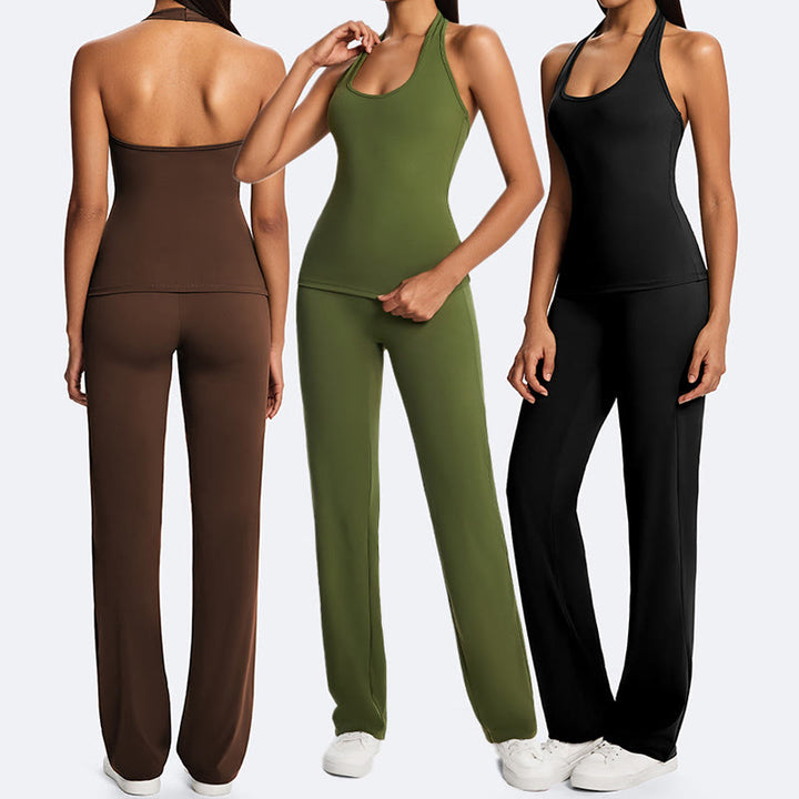 Buddha Stones Haut court uni dos nu sans manches et pantalon droit pour le sport, le fitness et le yoga - image 29