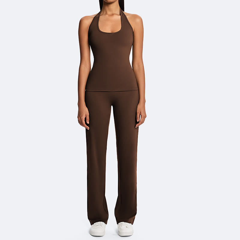 Buddha Stones Haut court uni dos nu sans manches et pantalon droit pour le sport, le fitness et le yoga - image 6
