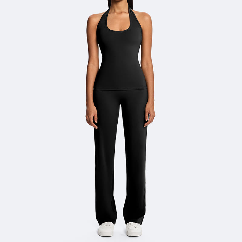 Buddha Stones Haut court uni dos nu sans manches et pantalon droit pour le sport, le fitness et le yoga - image 26