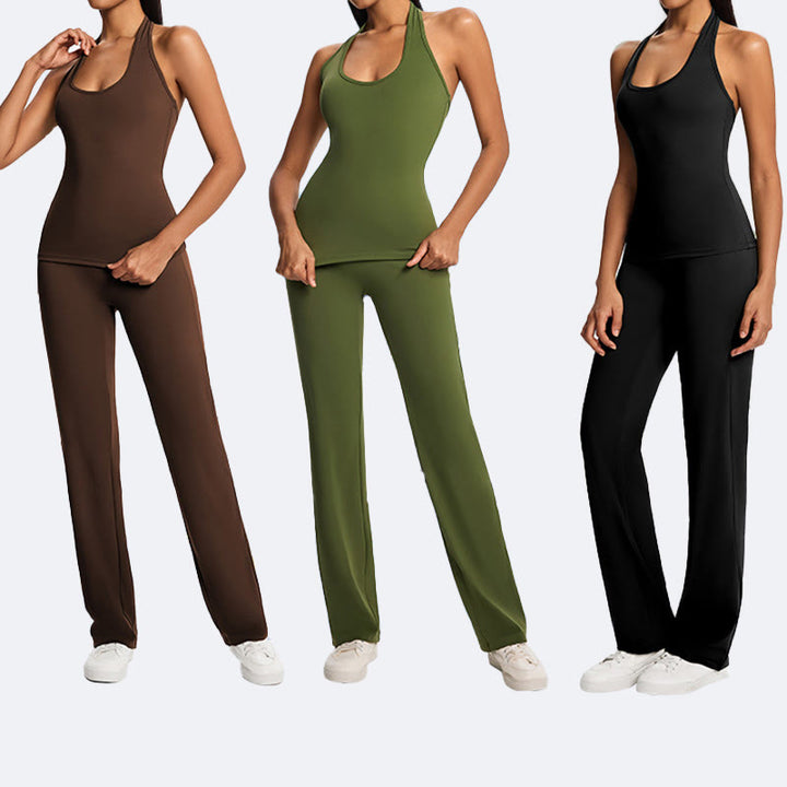 Buddha Stones Haut court uni dos nu sans manches et pantalon droit pour le sport, le fitness et le yoga - image 28