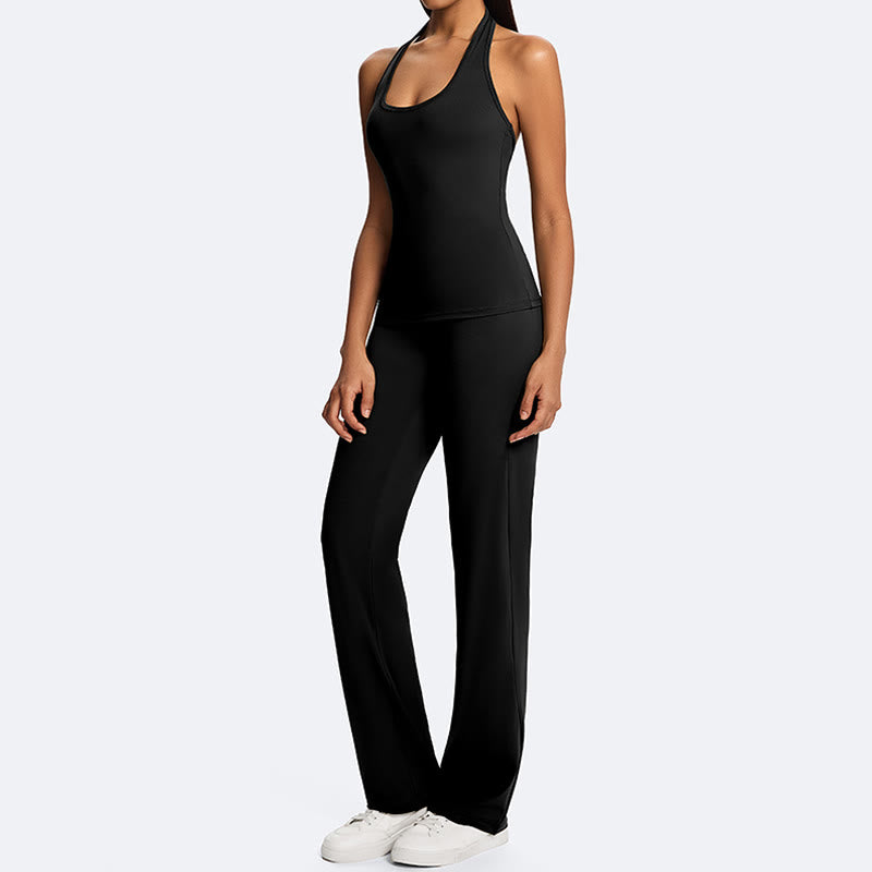 Buddha Stones Haut court uni dos nu sans manches et pantalon droit pour le sport, le fitness et le yoga - image 25