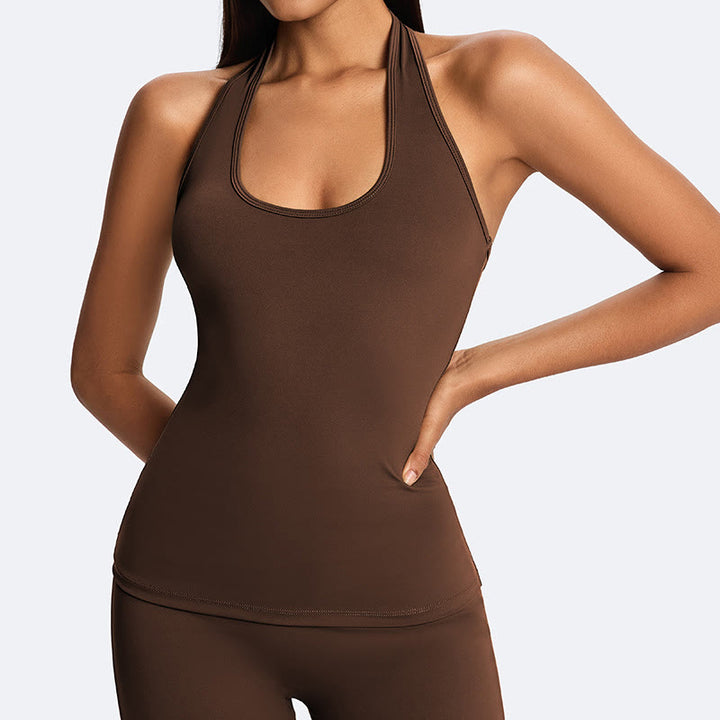 Buddha Stones Haut court uni dos nu sans manches et pantalon droit pour le sport, le fitness et le yoga - SaddleBrown (Haut uniquement) - US14，UK/AU18，EU46 (2XL) - image 1