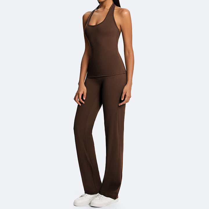 Buddha Stones Haut court uni dos nu sans manches et pantalon droit pour le sport, le fitness et le yoga - image 5