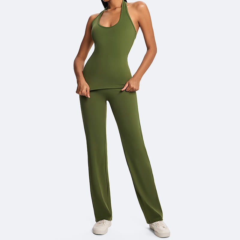 Buddha Stones Haut court uni dos nu sans manches et pantalon droit pour le sport, le fitness et le yoga - image 15