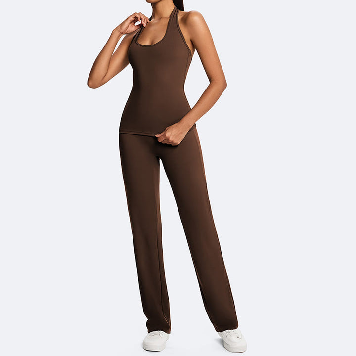 Buddha Stones Haut court uni dos nu sans manches et pantalon droit pour le sport, le fitness et le yoga - image 0