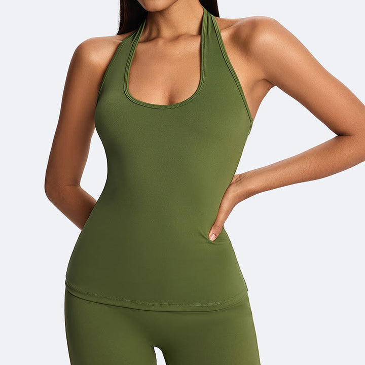 Buddha Stones Haut court uni dos nu sans manches et pantalon droit pour le sport, le fitness et le yoga - Vert olive (Haut seulement) - US14，UK/AU18，EU46 (2XL) - image 7