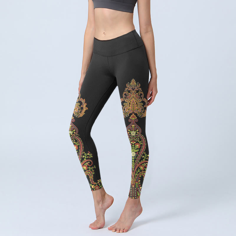 Buddha Stones Leggings de sport à imprimé floral cachemire multicolore, pantalon de yoga pour femme - Noir - US18，UK/AU22，EU50 (4XL) - image 0