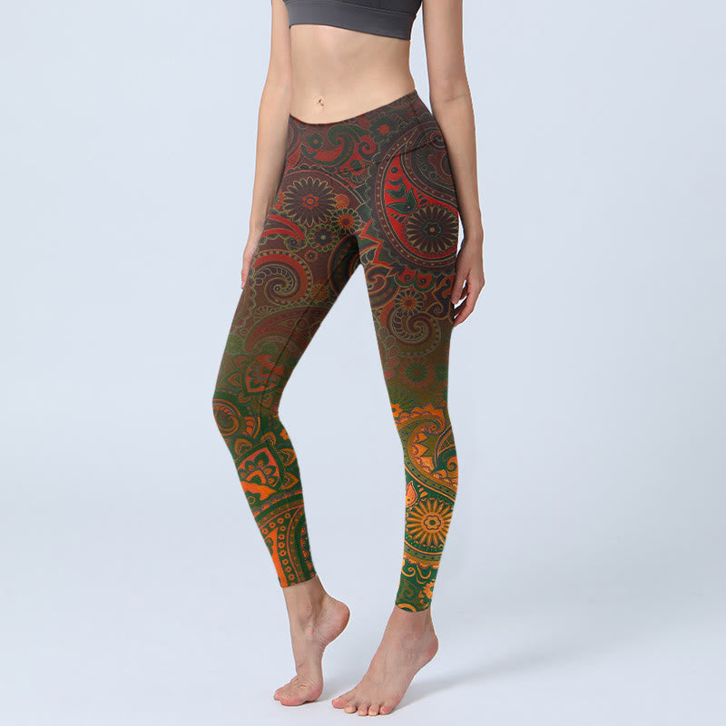 Buddha Stones Leggings de sport imprimé cachemire et fleurs de cajou, pantalon de yoga pour femme - SaddleBrown - US18，UK/AU22，EU50 (4XL) - image 0