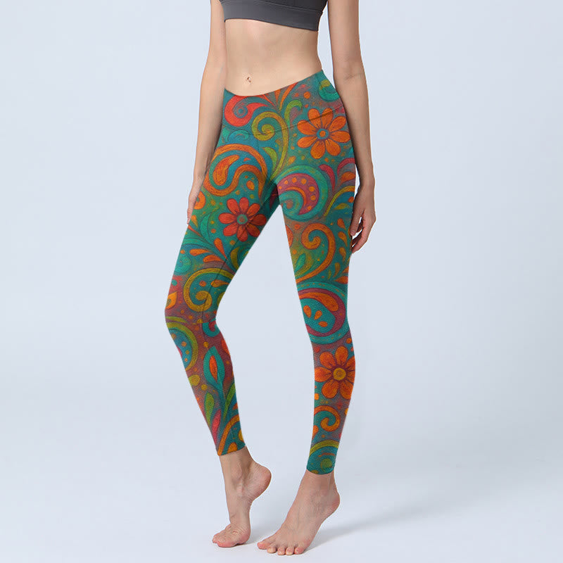 Buddha Stones Leggings de sport pour femmes, imprimé cachemire à motifs floraux tourbillonnants et vibrants. - Aigue-marine moyenne - US18，UK/AU22，EU50 (4XL) - image 0