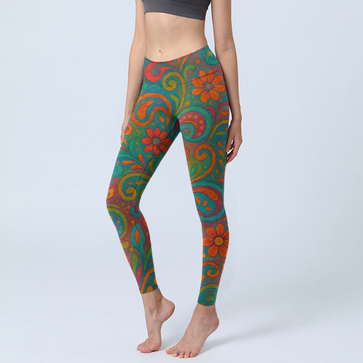 Buddha Stones Leggings de sport pour femmes, imprimé cachemire à motifs floraux tourbillonnants et vibrants. - Aigue-marine moyenne - US18，UK/AU22，EU50 (4XL) - image 0