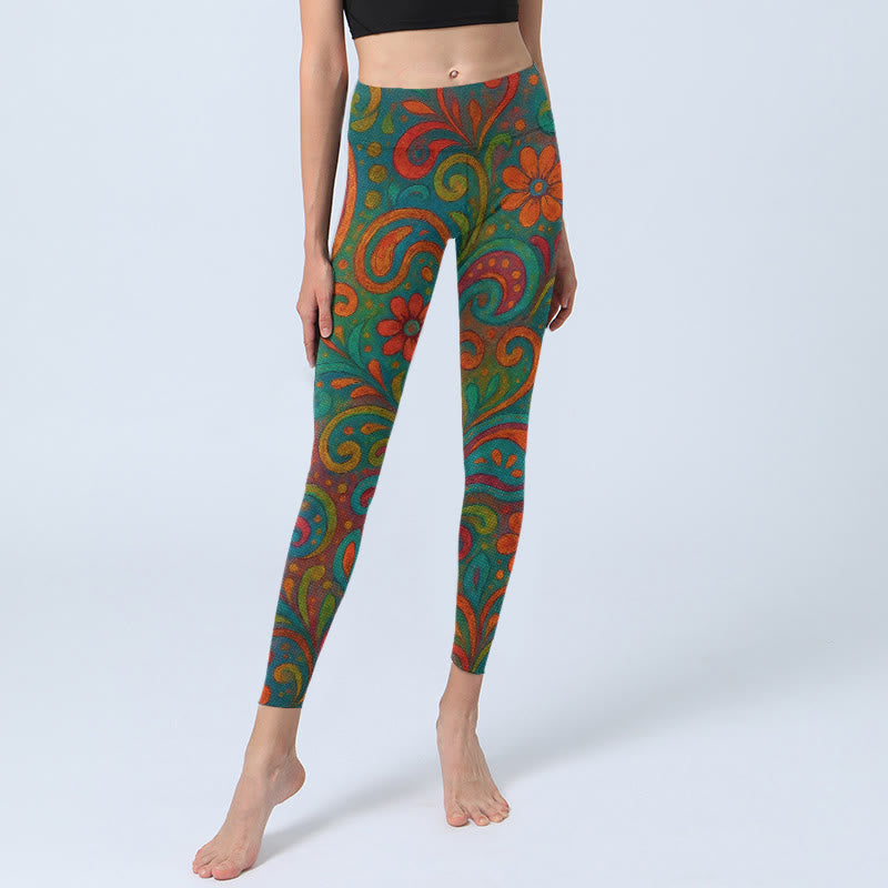 Buddha Stones Leggings de sport pour femmes, imprimé cachemire à motifs floraux tourbillonnants et vibrants. - image 5
