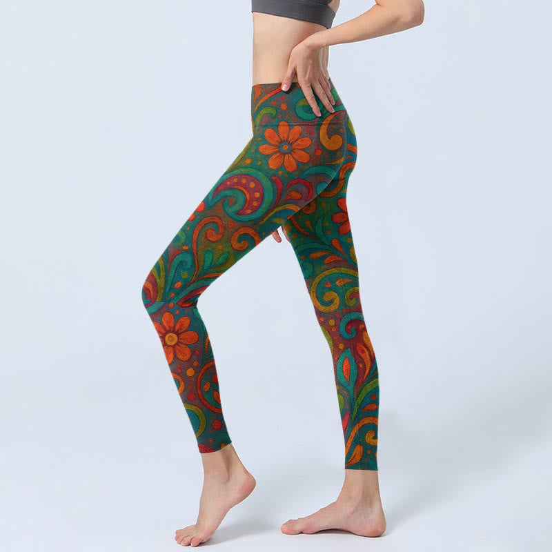 Buddha Stones Leggings de sport pour femmes, imprimé cachemire à motifs floraux tourbillonnants et vibrants. - image 2