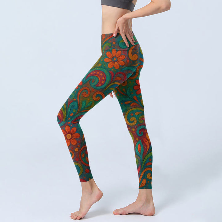 Buddha Stones Leggings de sport pour femmes, imprimé cachemire à motifs floraux tourbillonnants et vibrants. - image 2