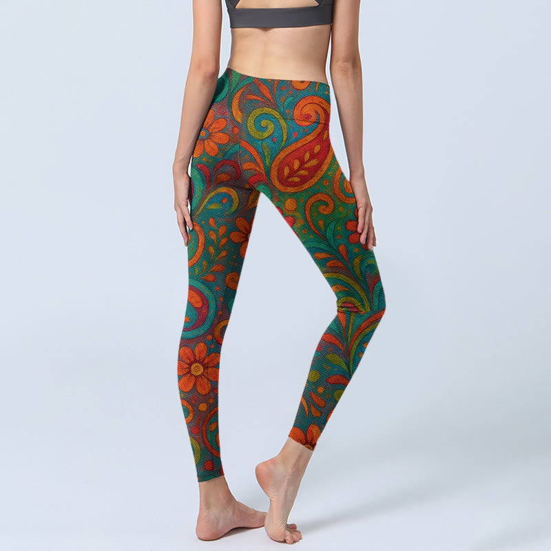 Buddha Stones Leggings de sport pour femmes, imprimé cachemire à motifs floraux tourbillonnants et vibrants. - image 4