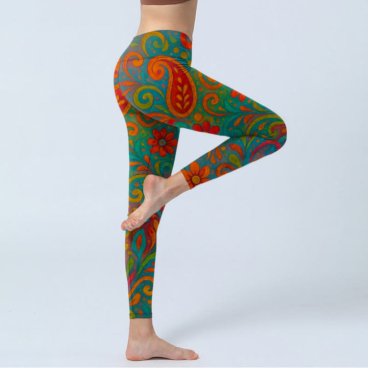 Buddha Stones Leggings de sport pour femmes, imprimé cachemire à motifs floraux tourbillonnants et vibrants. - image 3