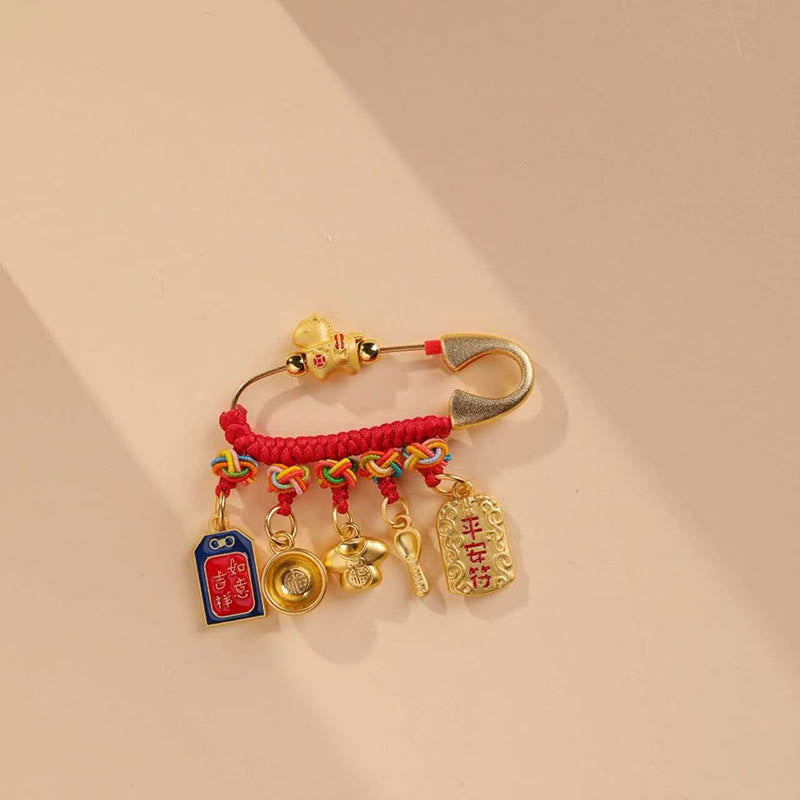Buddha Stones Broche porte-bonheur à poignée Ruyi, symbole de longévité et de l'année du Cheval (caractère Fu). - Cheval porte-bonheur protecteur - image 0