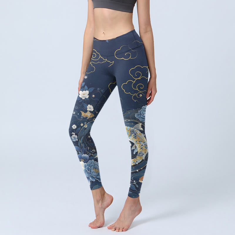Buddha Stones Leggings de sport pour femmes, imprimé pivoines bleues et blanches, carpes koï - SteelBlue - US18，UK/AU22，EU50 (4XL) - image 0