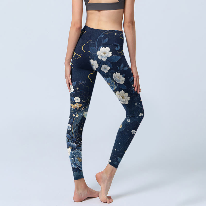 Buddha Stones Leggings de sport pour femmes, imprimé pivoines bleues et blanches, carpes koï - image 4
