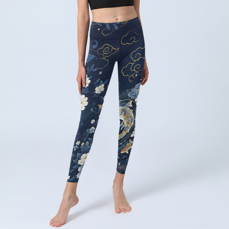 Buddha Stones Leggings de sport pour femmes, imprimé pivoines bleues et blanches, carpes koï - image 5