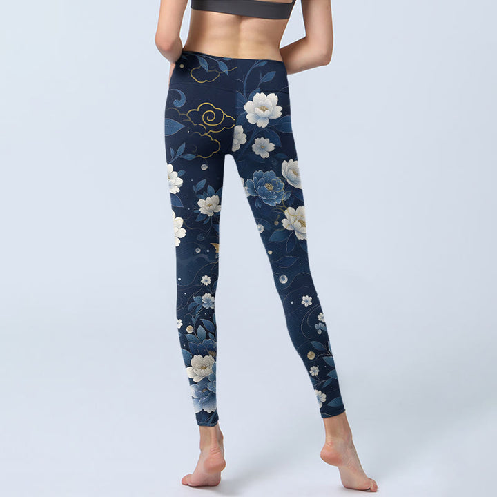 Buddha Stones Leggings de sport pour femmes, imprimé pivoines bleues et blanches, carpes koï - image 6