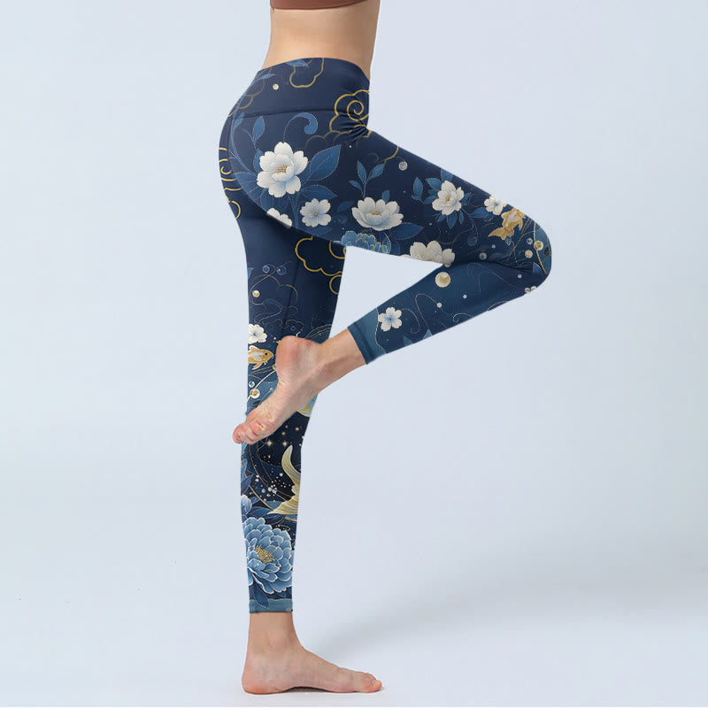 Buddha Stones Leggings de sport pour femmes, imprimé pivoines bleues et blanches, carpes koï - image 3