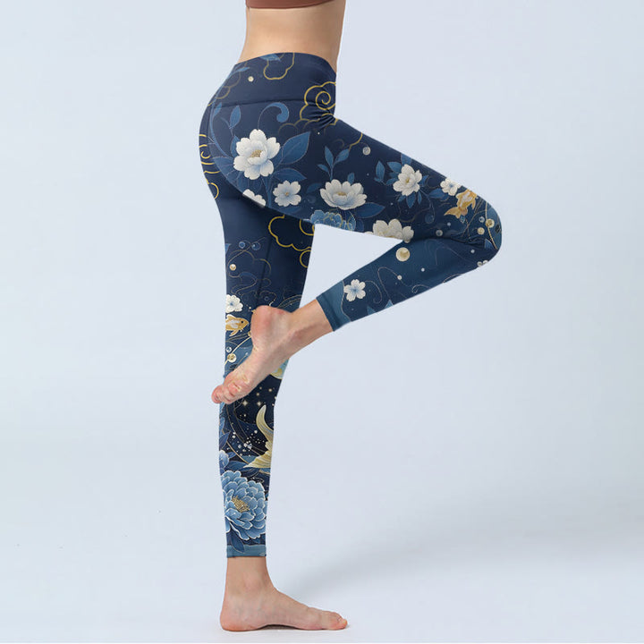 Buddha Stones Leggings de sport pour femmes, imprimé pivoines bleues et blanches, carpes koï - image 3