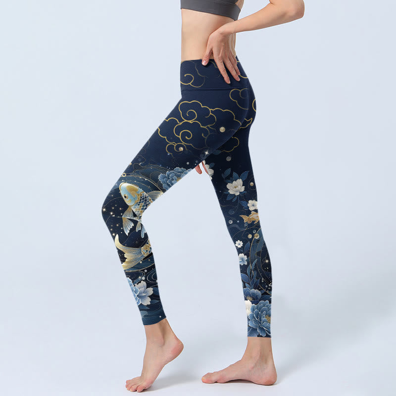 Buddha Stones Leggings de sport pour femmes, imprimé pivoines bleues et blanches, carpes koï - image 2