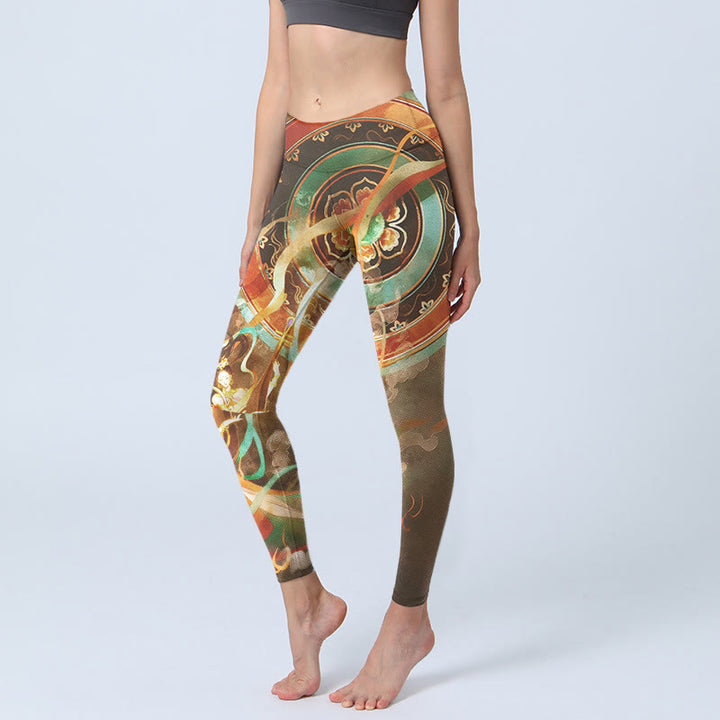 Buddha Stones Leggings de sport pour femmes, imprimé mandala Apsaras volantes de Dunhuang - Kaki foncé - US18，UK/AU22，EU50 (4XL) - image 0