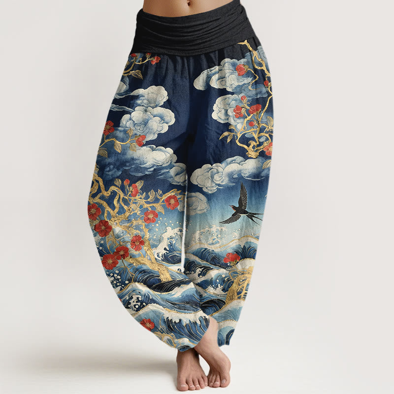 Buddha Stones Pantalon harem à taille élastique pour femme, en pur coton, motif nuages de bon augure, fleurs rouges, hirondelles et vagues de l'océan - SteelBlue - US16，UK/AU20，EU48 (3XL) - image 0